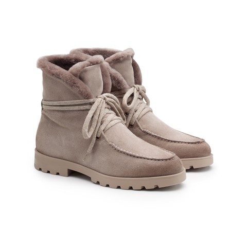 Women's dove grey suede ankle boot with fur - Santoni - 3