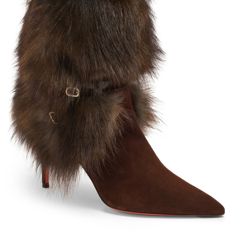 Women's dark brown leather and fox high-heel boot - Santoni - 6