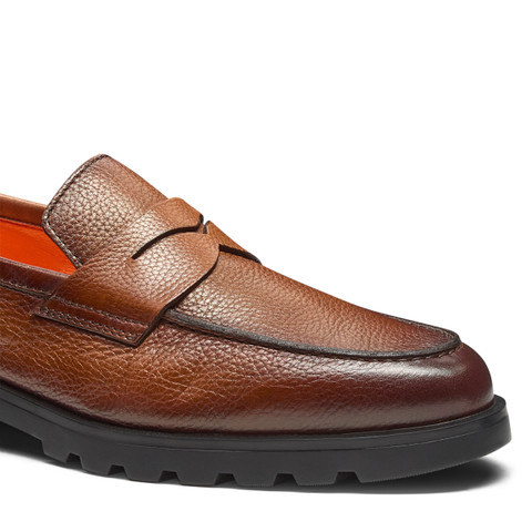 Men's brown tumbled leather penny loafer - Santoni - 6