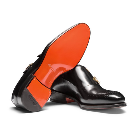 Men's black leather double monk straps brogue shoe - Santoni - 3