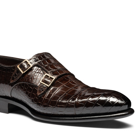 Men's dark brown alligator leather double-buckle shoe - Santoni - 5