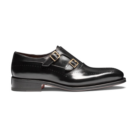 Men's black leather double monk straps brogue shoe - Santoni - 1