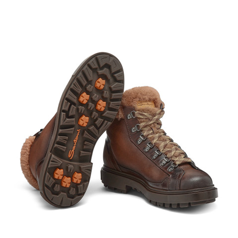 Men's dark brown leather hiking boot with fur - Santoni - 4
