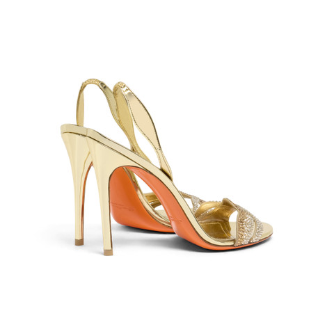 Women's gold laminated leather and crystals high-heel sandal - Santoni - 4