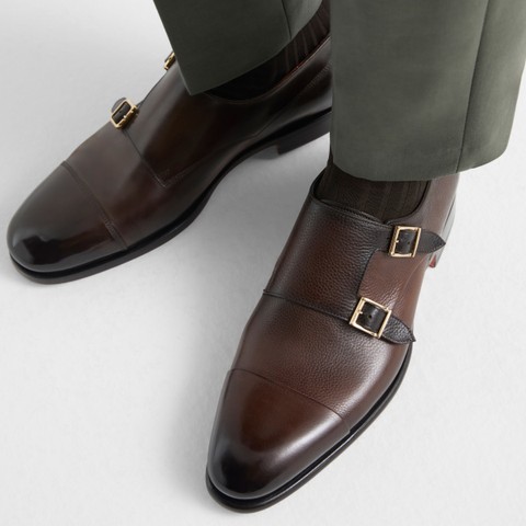 Men's dark brown leather double monk straps shoe - Santoni - 7