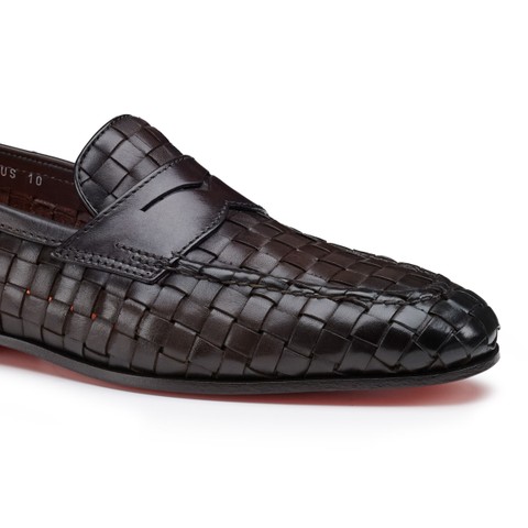 Men's dark brown woven leather Carlo penny loafer - Santoni - 6