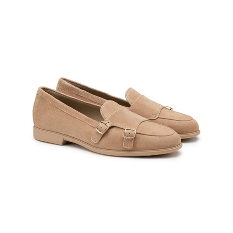 Women's beige suede double monk straps loafer - Santoni - 2