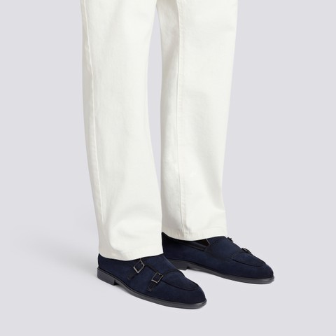 Men's blue suede double monk straps loafer - Santoni - 2