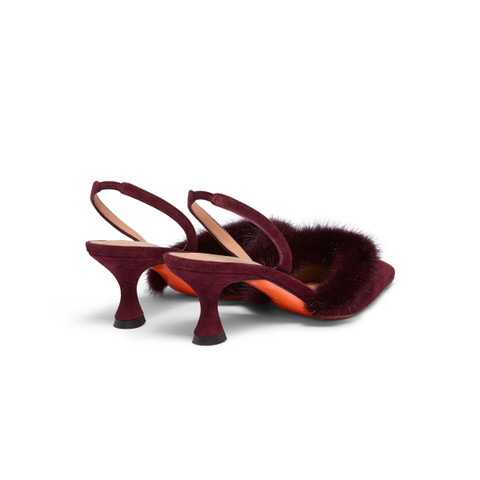 Women's burgundy suede and mink mid-heel slingback - Santoni - 4