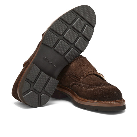 Zapatos tipo brogue con doble hebilla de hombre en ante marrón oscuro - Santoni - 3