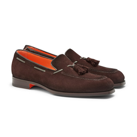 Men&rsquo;s dark brown suede and leather tassel loafer - Santoni - 3