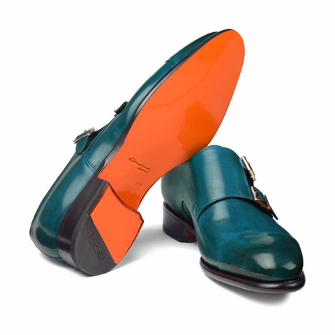 Zapato con doble hebilla para hombre de piel turquesa - Santoni - 3.0
