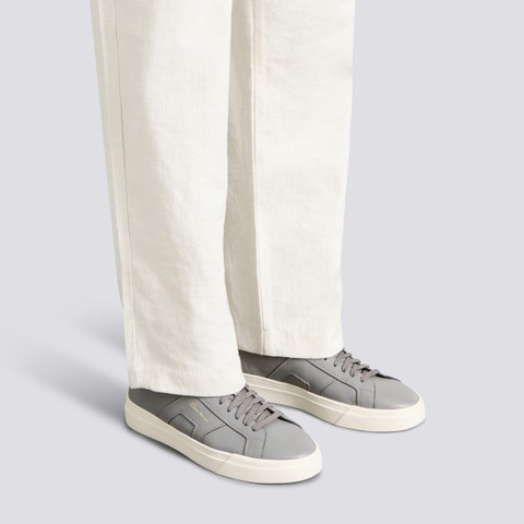 Men's grey tumbled leather Double Buckle Sneaker - Santoni - 2