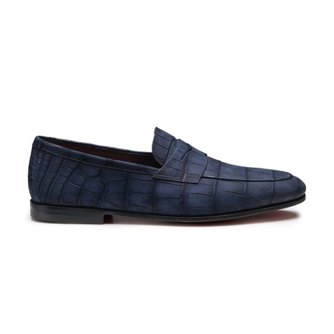 Mocassino penny da uomo in nabuk di alligatore blu - Santoni - 1