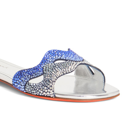 Women's silver laminated leather and crystals sandal - Santoni - 5