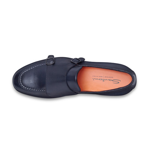 Men's polished blue leather double-buckle loafer - Santoni - 5