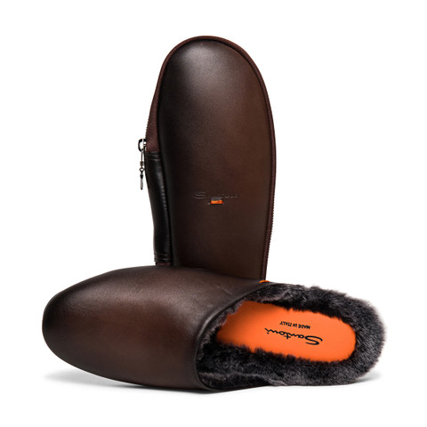 Men&rsquo;s polished brown leather slipper - Santoni - 5