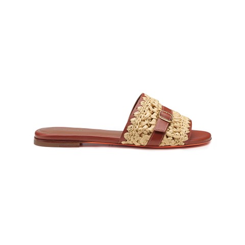 Women's brown leather and raffia slide sandal - Santoni - 1