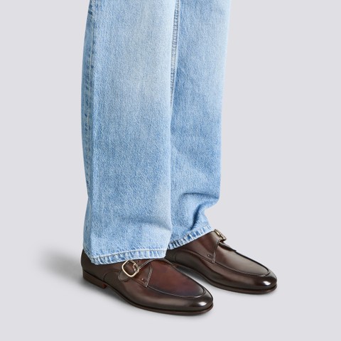 Men's dark brown leather single-buckle shoe - Santoni - 2