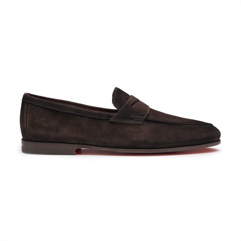 Men's dark brown suede Carlo penny loafer - Santoni - 1