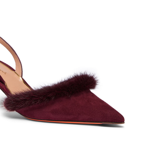 Women's burgundy suede and mink mid-heel slingback - Santoni - 6