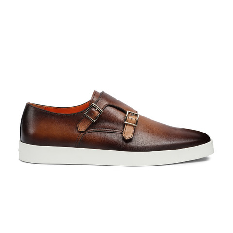 Men’s brown tumbled leather double-buckle shoe - Santoni - 1