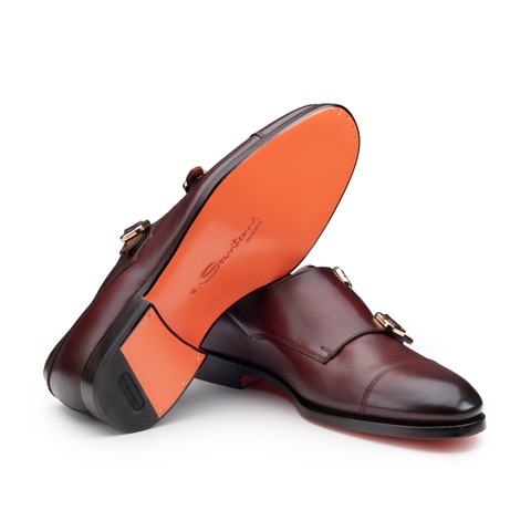 Men's orange leather double monk straps shoe - Santoni - 3