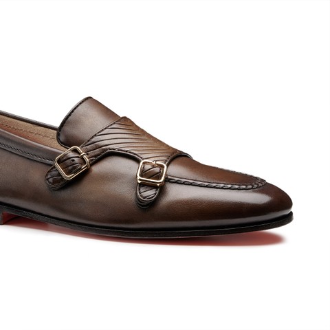 Men's dark brown leather double-monk loafer - Santoni - 5