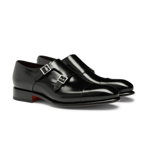 Men's polished black leather double monk straps shoe - Santoni - 3