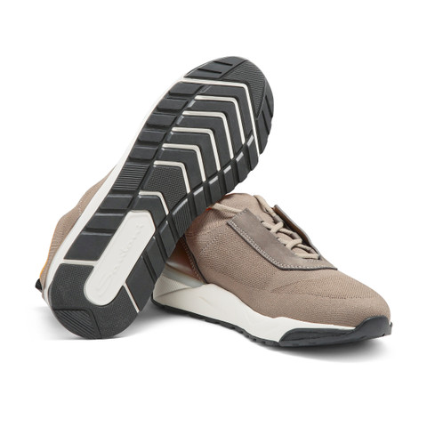 Sneaker en tissu stretch et cuir beige pour homme - Santoni - 3