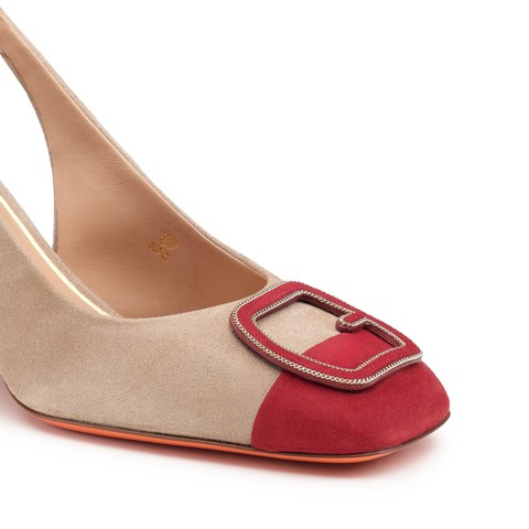 Women's beige and burgundy suede high-heel slingback - Santoni - 5