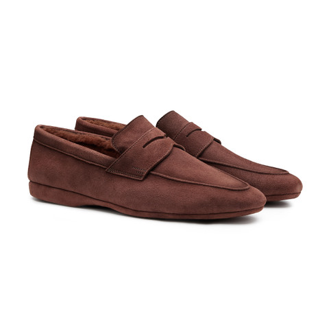 Men&rsquo;s dark brown suede slipper with fur - Santoni - 2