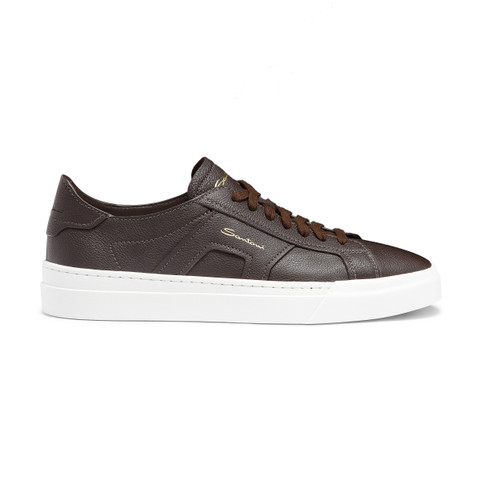 Men's dark brown tumbled leather Double Buckle Sneaker - Santoni - 1