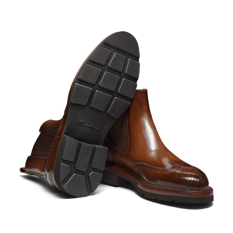 Men&rsquo;s brown leather Chelsea brogue boot - Santoni - 4