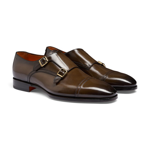 Men's dark brown leather double monk straps shoe - Santoni - 3
