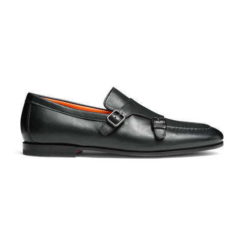 Men's polished black leather double monk loafer - Santoni - 1