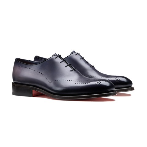 Stringata Oxford brogue da uomo in pelle blu - Santoni - 3