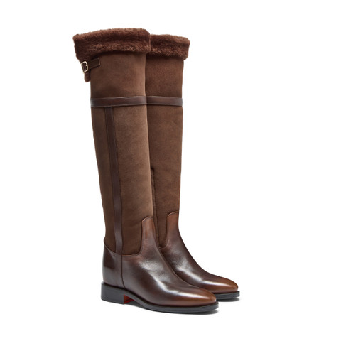 Women's dark brown leather and shearling boot - Santoni - 3