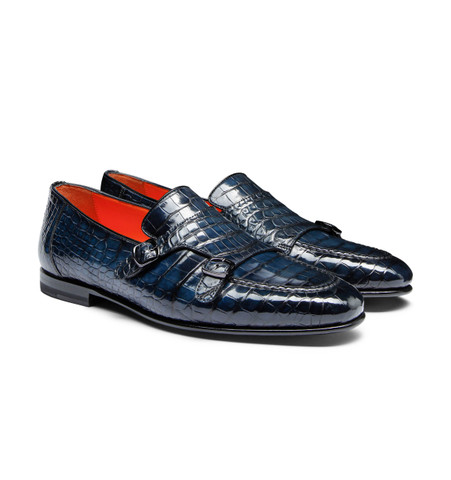 Men's blue alligator leather double monk straps loafer - Santoni - 2