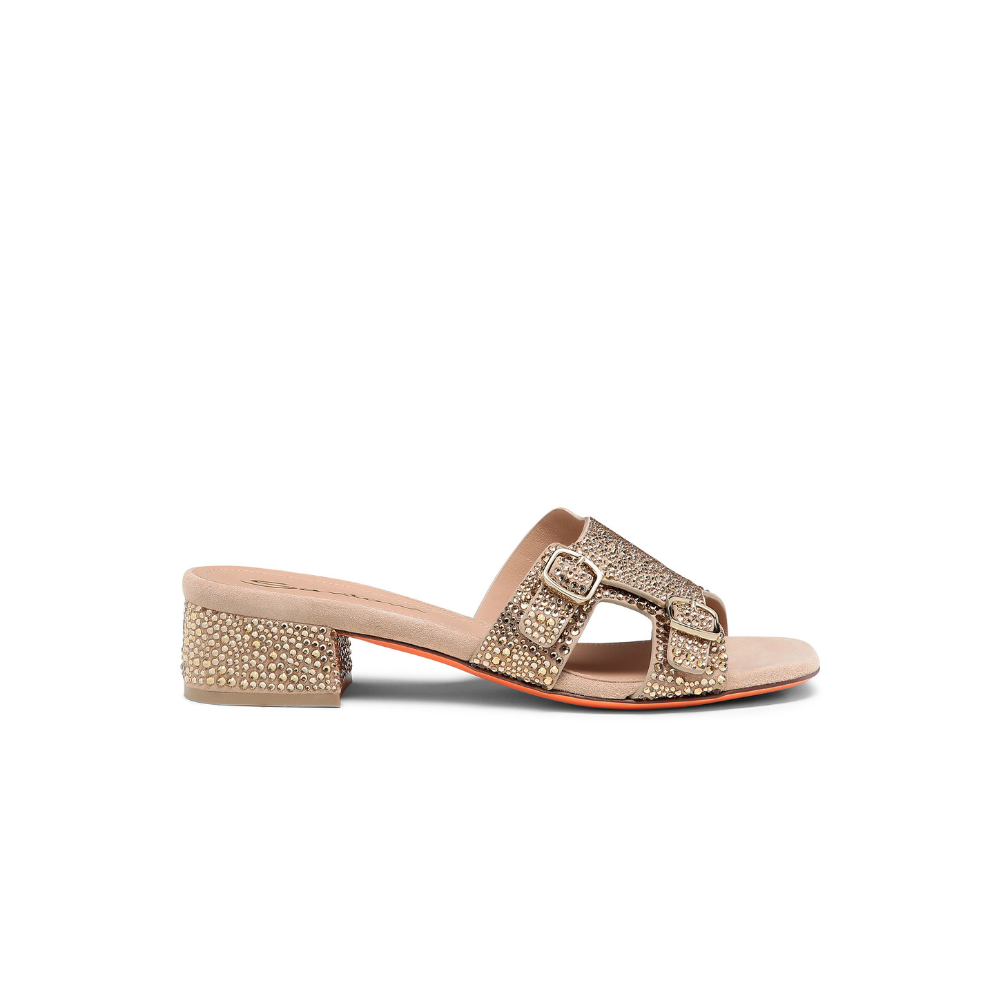Santoni Sandalo Didi tacco basso da donna in suede e strass oro