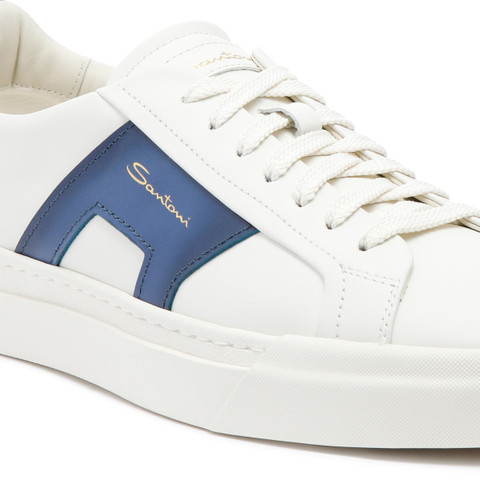 Men’s white and blue leather double buckle sneaker - Santoni - 6