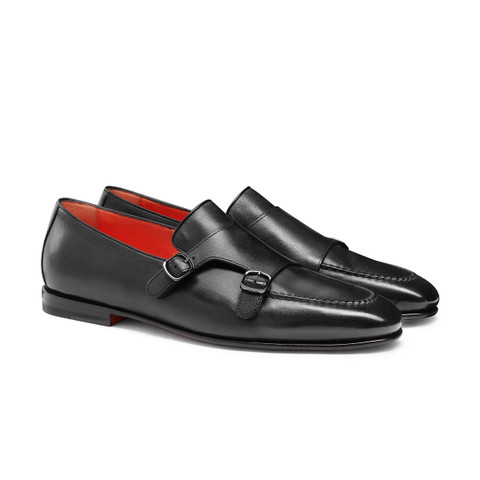Men's polished black leather double-buckle loafer - Santoni - 3