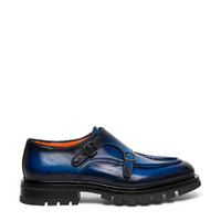 Men&rsquo;s polished blue leather double-buckle shoe - Santoni - 1