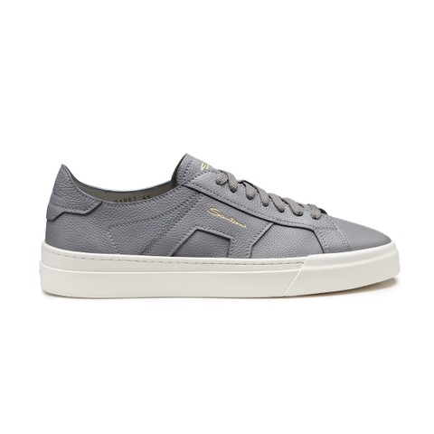 Men's grey tumbled leather Double Buckle Sneaker - Santoni - 1