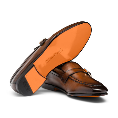 Men's dark brown leather single monk strap loafer - Santoni - 4