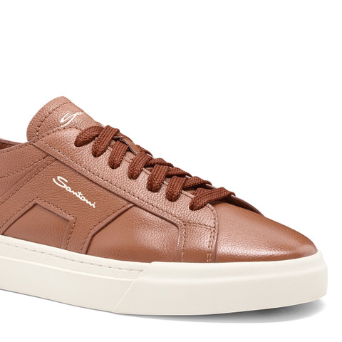 Men's light brown tumbled leather Double Buckle Sneaker - Santoni - 6