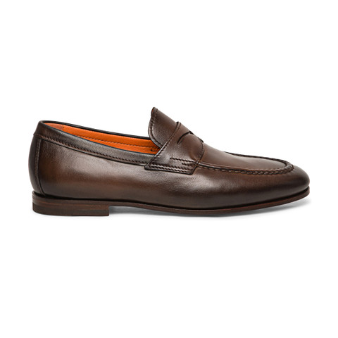 Men&rsquo;s polished brown leather penny loafer - Santoni - 1