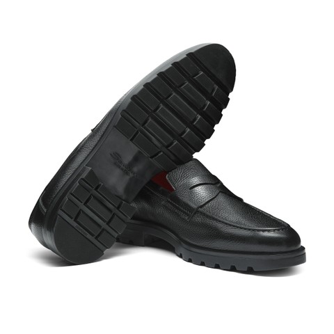 Men's black tumbled leather penny loafer - Santoni - 3