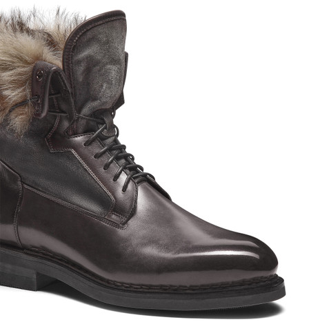Men’s grey leather lace-up boot with fur - Santoni - 5