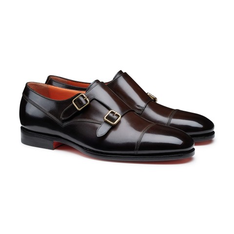メンズ レザー ダブルバックルシューズ ダークブラウン - Santoni - 2
